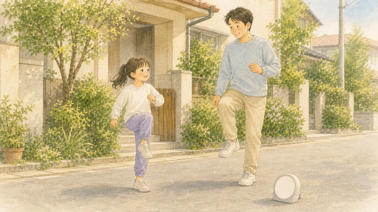 家の前の道で、地面に置いたキッチンタイマーのそばで親子が短い練習をしている様子(イラスト)