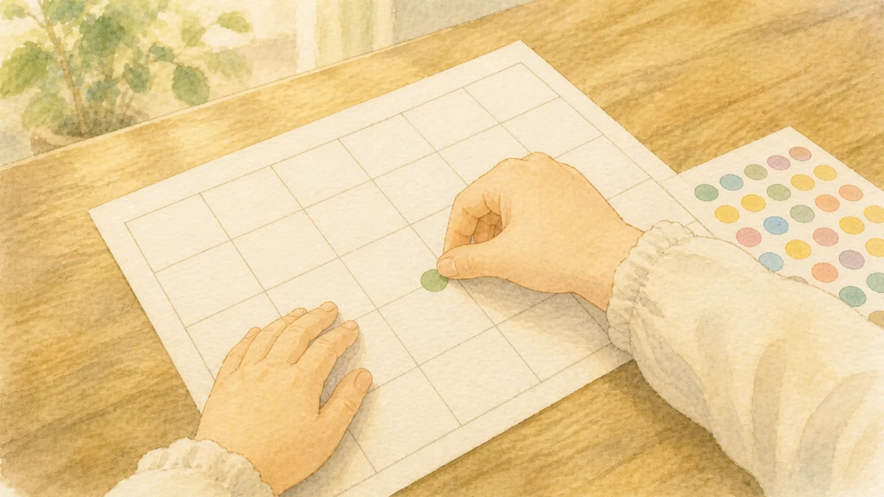 机に広げたカレンダーの休む日のマスに、子どもがシールを貼っている手元(イラスト)