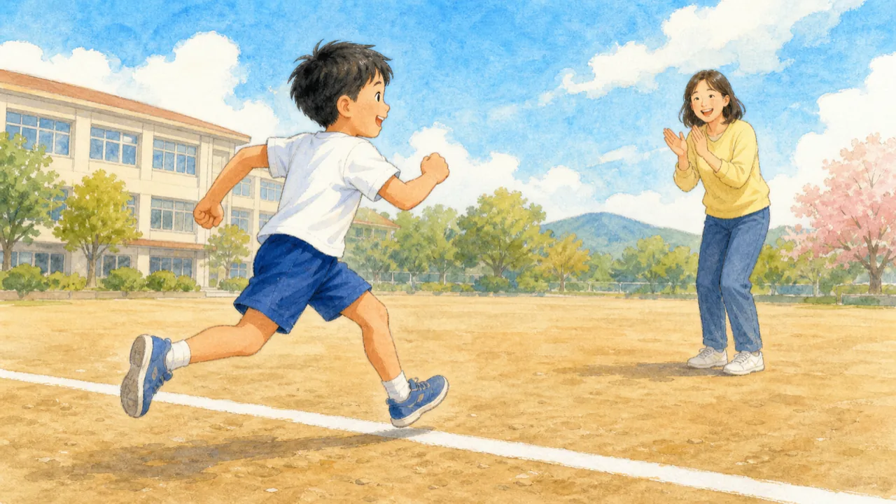 ゴールの線を勢いよく走り抜ける子と、その先で拍手して迎える保護者の様子(イラスト)