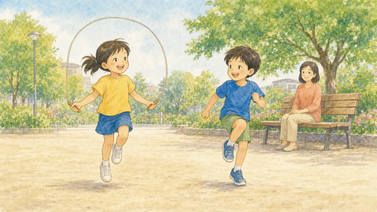 公園で縄跳びを跳ぶ子と、となりでスキップをする子が並んで遊んでいる様子(イラスト)
