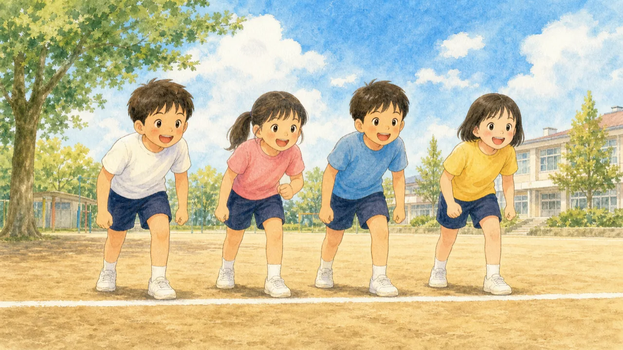 校庭のスタートラインに並んで、これから走ろうとしている子どもたちの様子(イラスト)