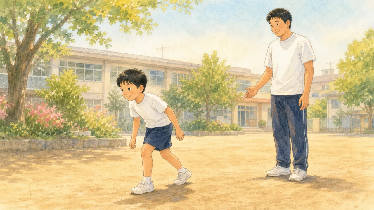 スタート前に前かがみの構えをとる子を、横からコーチが静かに見守っている様子(イラスト)