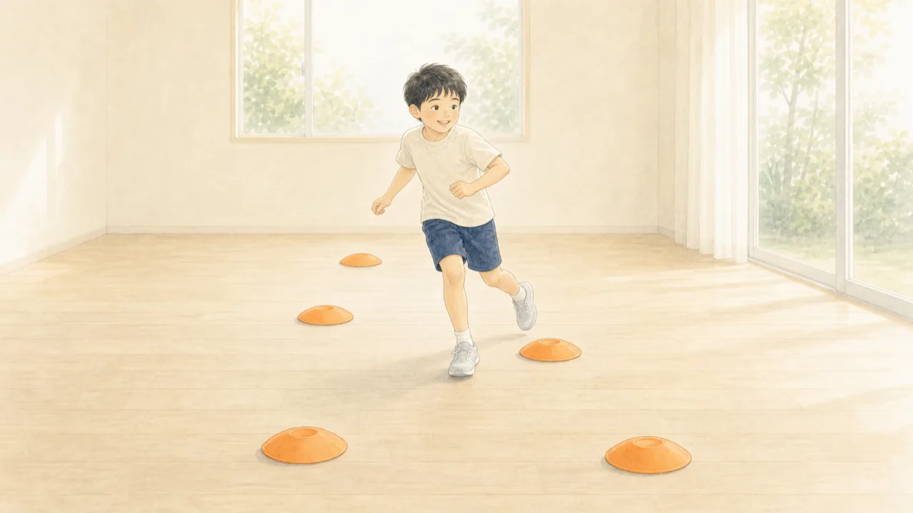 部屋に置いた平たい目印のあいだを、子どもがジグザグに向きを変えて進んでいる様子(イラスト)