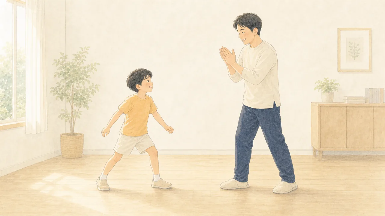 リビングで、保護者が手を叩いた合図で子どもがピタッと止まっている様子(イラスト)