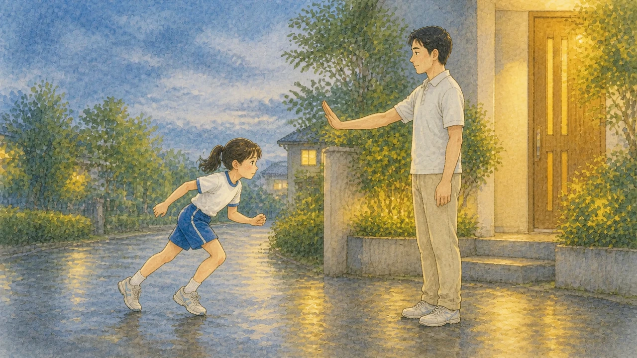 夕方の玄関先で、走ろうとする子どもを父親が手のひらで止めて、今日はやめておこうと伝えている様子(イラスト)