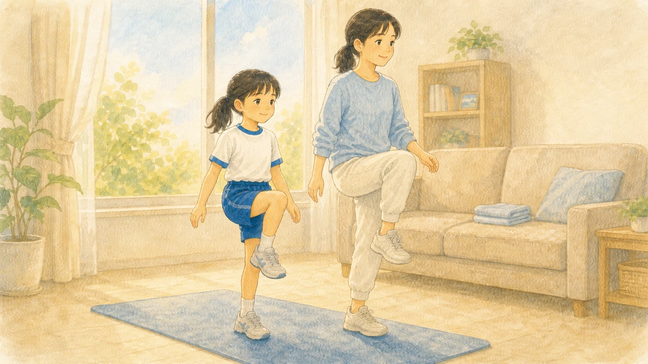 リビングでその場スキップをする女の子と、そばで一緒に足踏みをしている母親の様子(イラスト)
