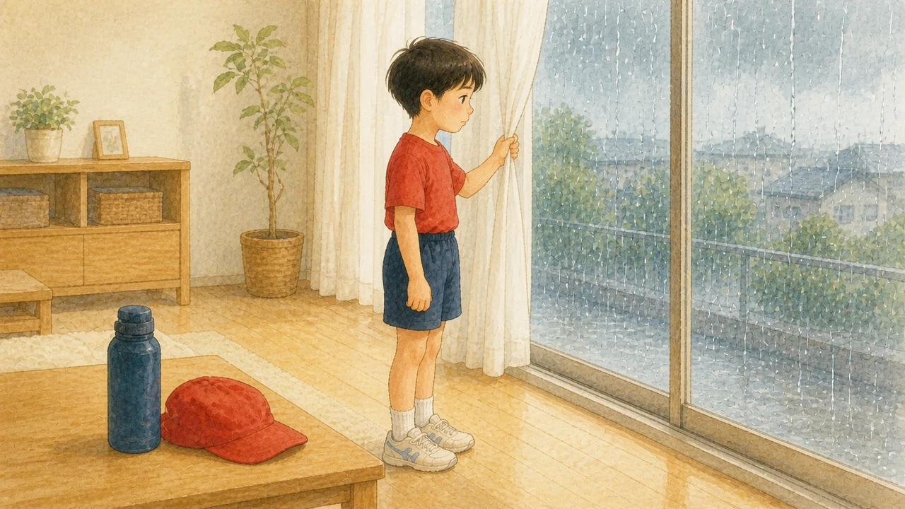 雨が降る窓辺で、体操服のまま外を見て肩を落としている小学生の男の子の様子(イラスト)