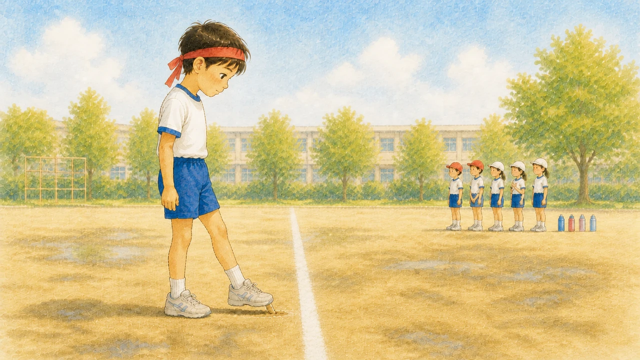 晴れた運動会の朝、スタートラインの手前で足元の地面を靴で確かめている小学生の様子(イラスト)