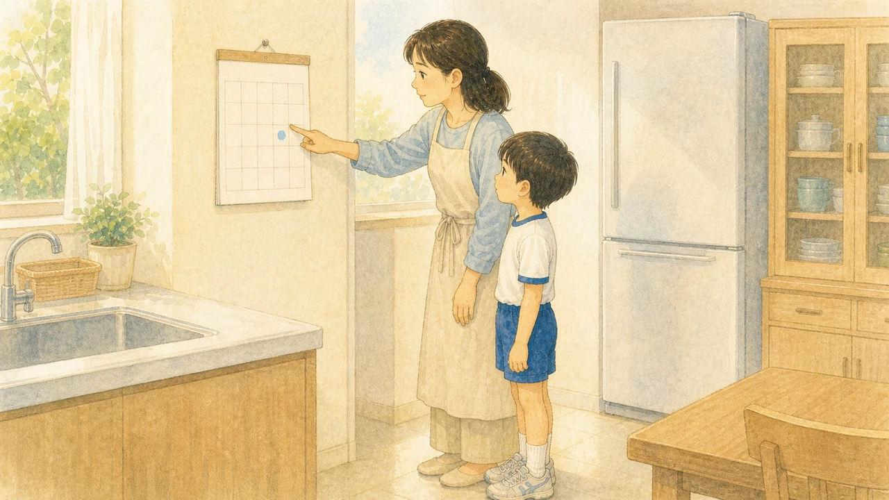 台所のカレンダーの前で、母親が新しい運動会の日付を指さして子どもに伝えている様子(イラスト)