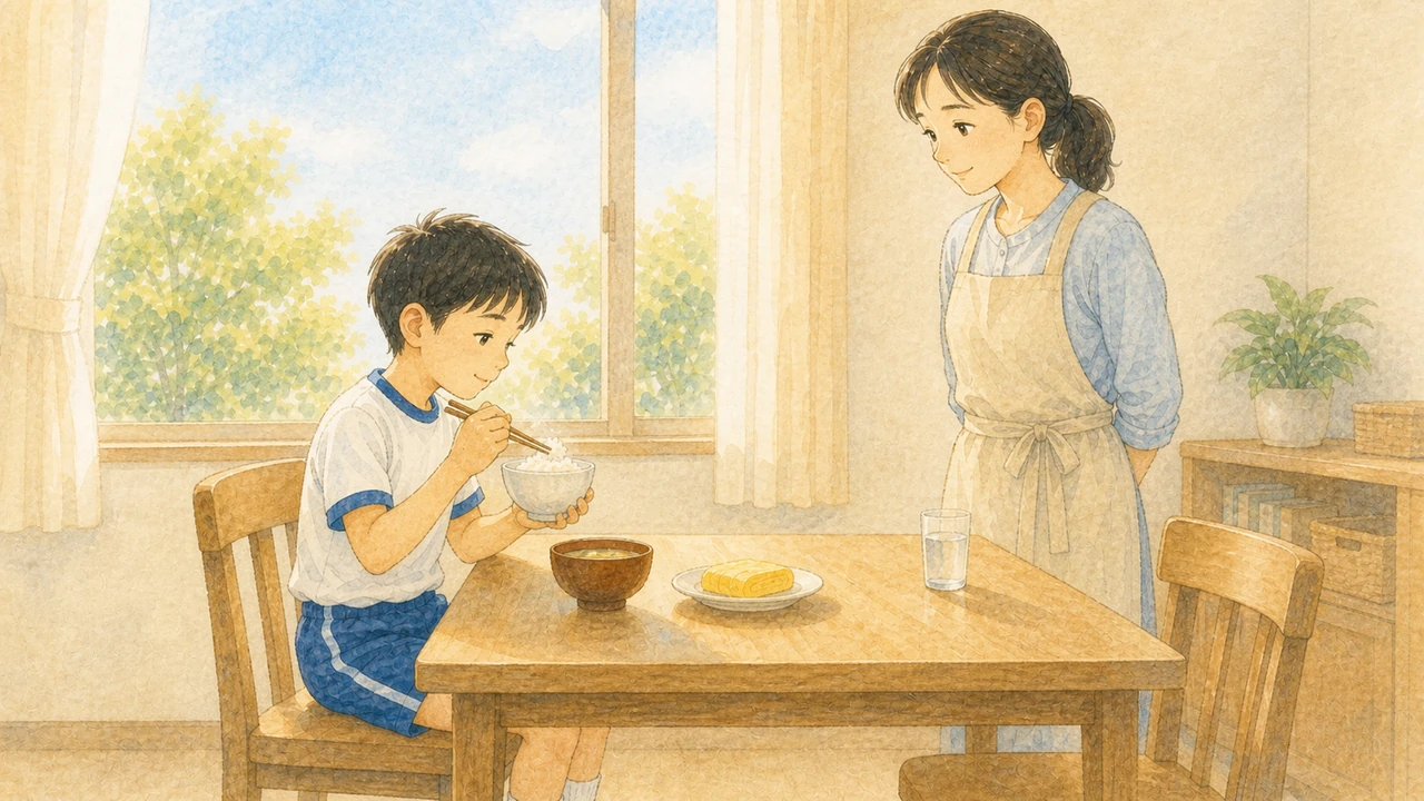 運動会の朝の食卓で、ごはんとみそ汁のいつもの朝ごはんを前にした小学生の男の子と、横で見守る母親の様子(イラスト)