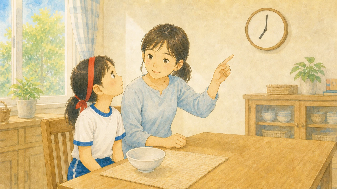 壁の時計を見ながら、母親と小学生の女の子が朝ごはんを食べ終える時間を確かめている様子(イラスト)