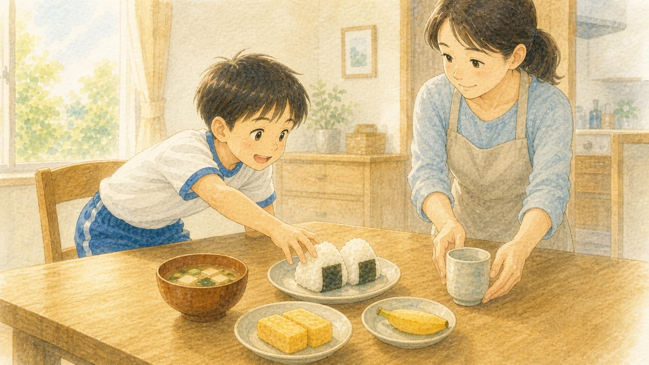 食卓に並んだおにぎり、卵焼き、みそ汁、バナナを、小学生の男の子が選んでいる様子(イラスト)