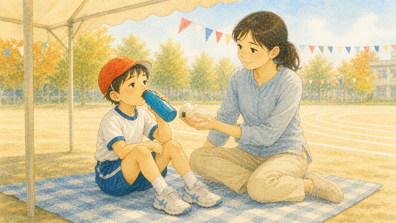 運動会の会場のテントの下で、水筒と小さなおにぎりを手にした小学生の男の子と母親の様子(イラスト)