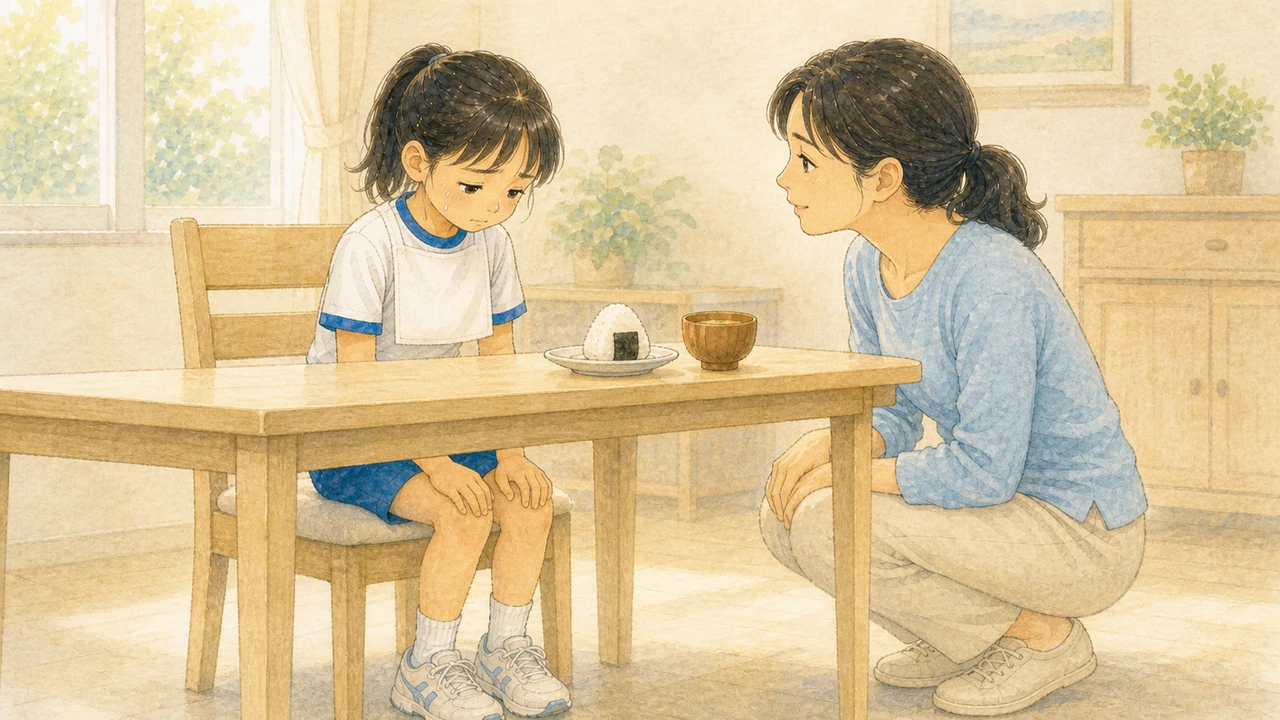 緊張して朝ごはんに手をつけられない小学生の女の子に、母親が横からそっと話しかけている様子(イラスト)