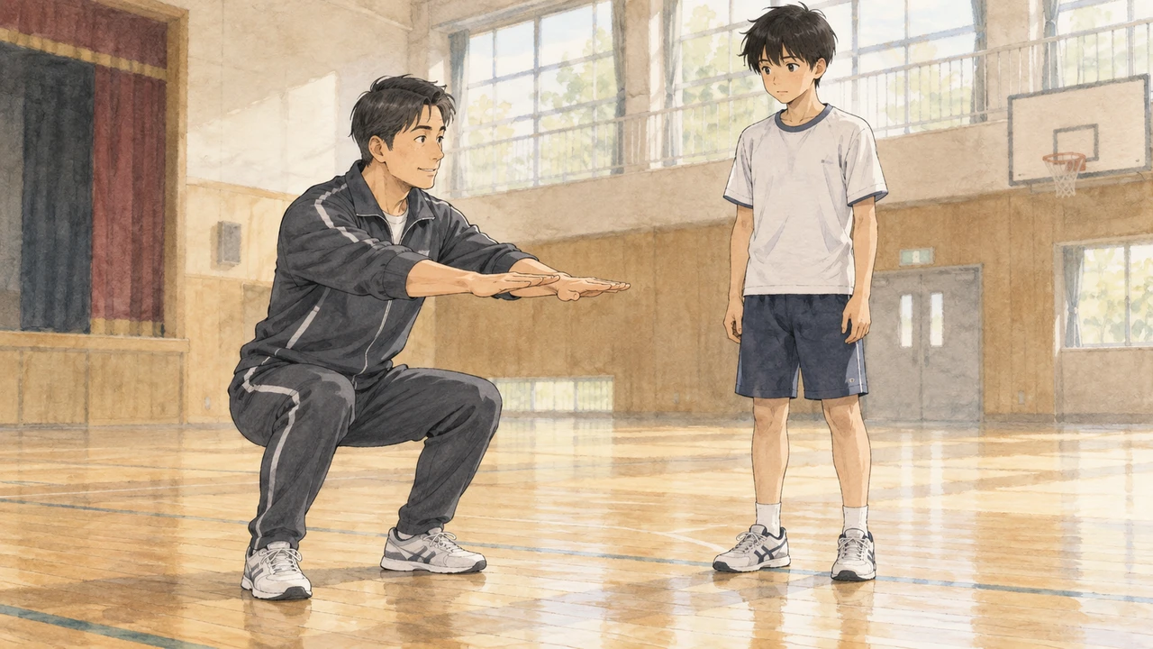 コーチの動きを見て学ぶ中学生（イラスト）