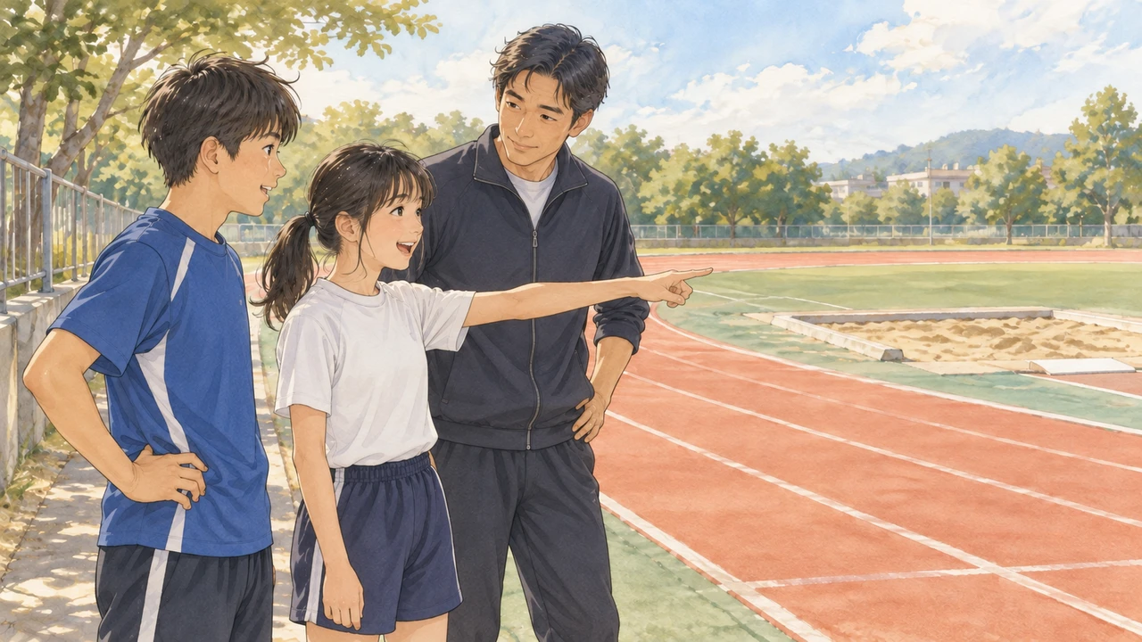 取り組みたい種目についてコーチと話す中学生（イラスト）