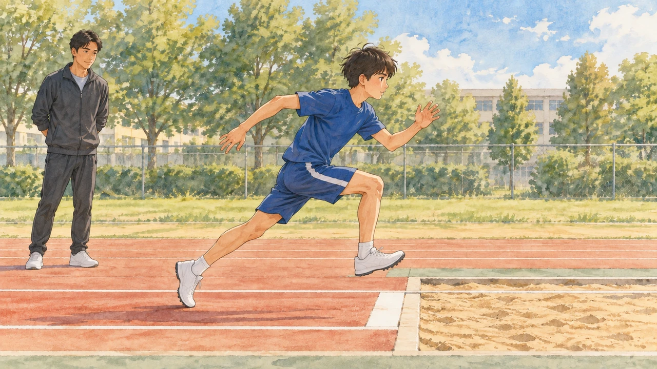 走幅跳の助走中の動きを観察するコーチ（イラスト）