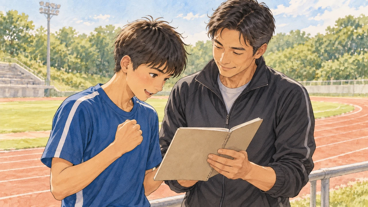 記録ノートを一緒に見て喜ぶ中学生とコーチ（イラスト）