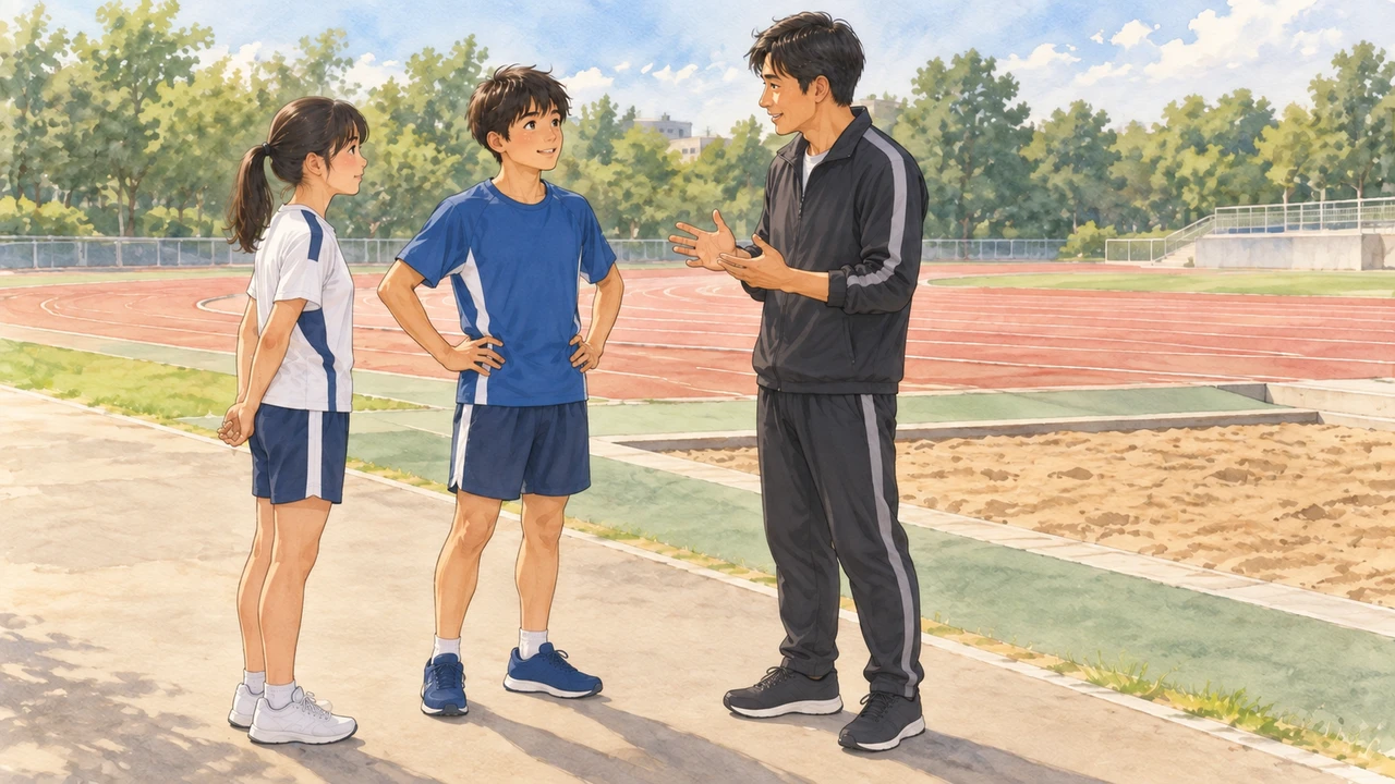 種目についてコーチと相談する中学生（イラスト）