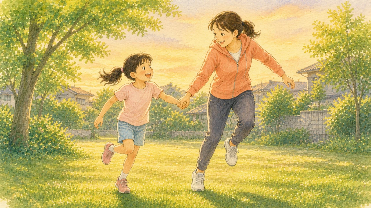 夕方の公園で、母親と女の子が手をつないで一緒に体を動かして遊んでいる様子(イラスト)