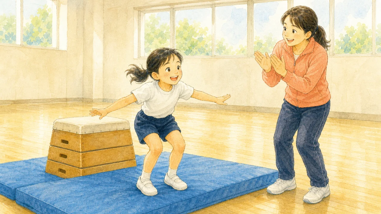 体操教室で、低い段の跳び箱を跳び越えられて笑顔になった女の子と、そばで拍手を送るコーチの様子(イラスト)