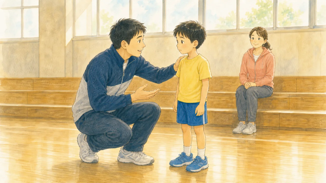 体育館で、コーチがしゃがんでうまくできずにいる男の子に目線を合わせて声をかけ、その様子を見学席から母親が見守っている様子(イラスト)