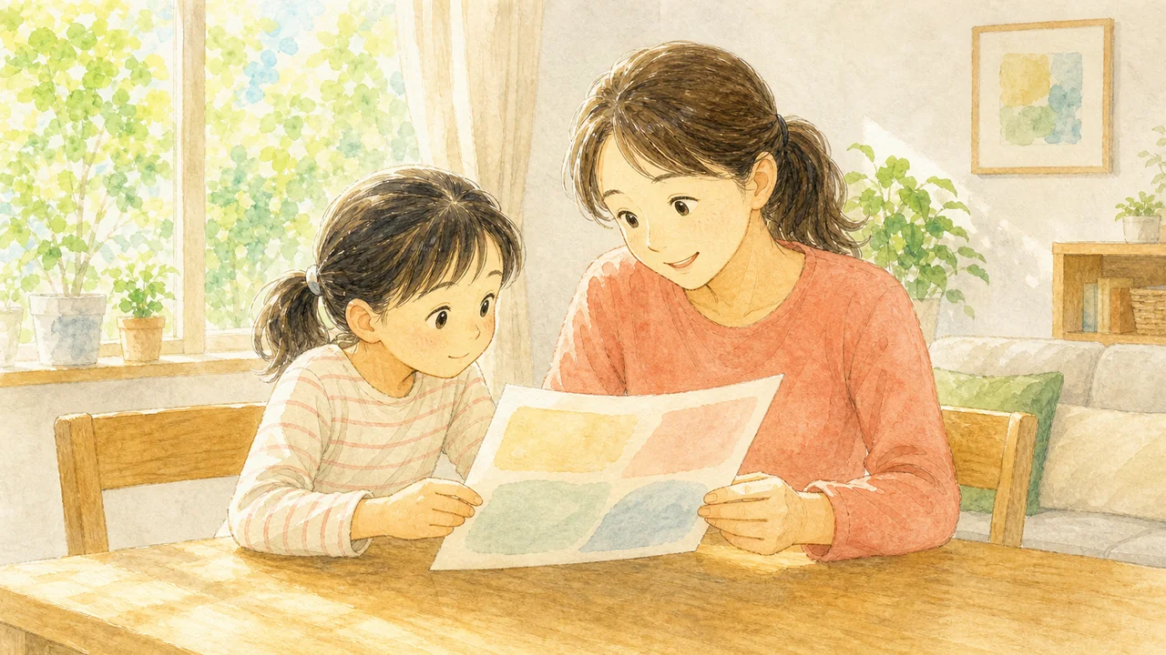 明るいリビングのテーブルで、母親と小学生の女の子が体験教室のチラシを一緒にのぞき込んでいる様子(イラスト)