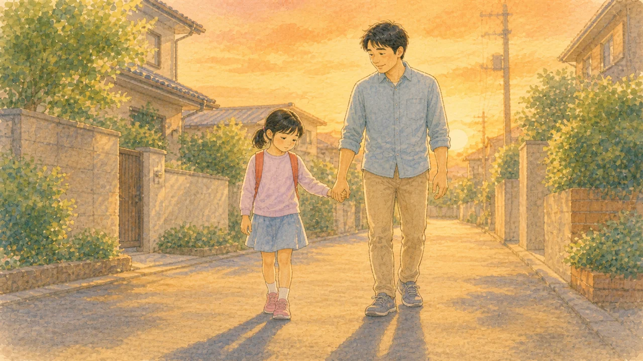 夕方の帰り道、少し元気のない女の子と、その手をつないで並んで歩く父親の様子(イラスト)
