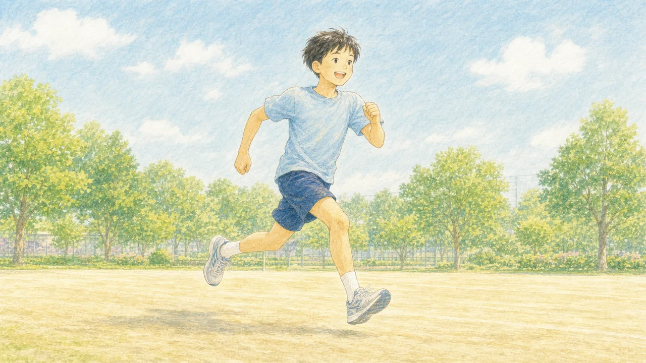 中学生が屋外で生き生きと走り、体を動かしている様子(イラスト)