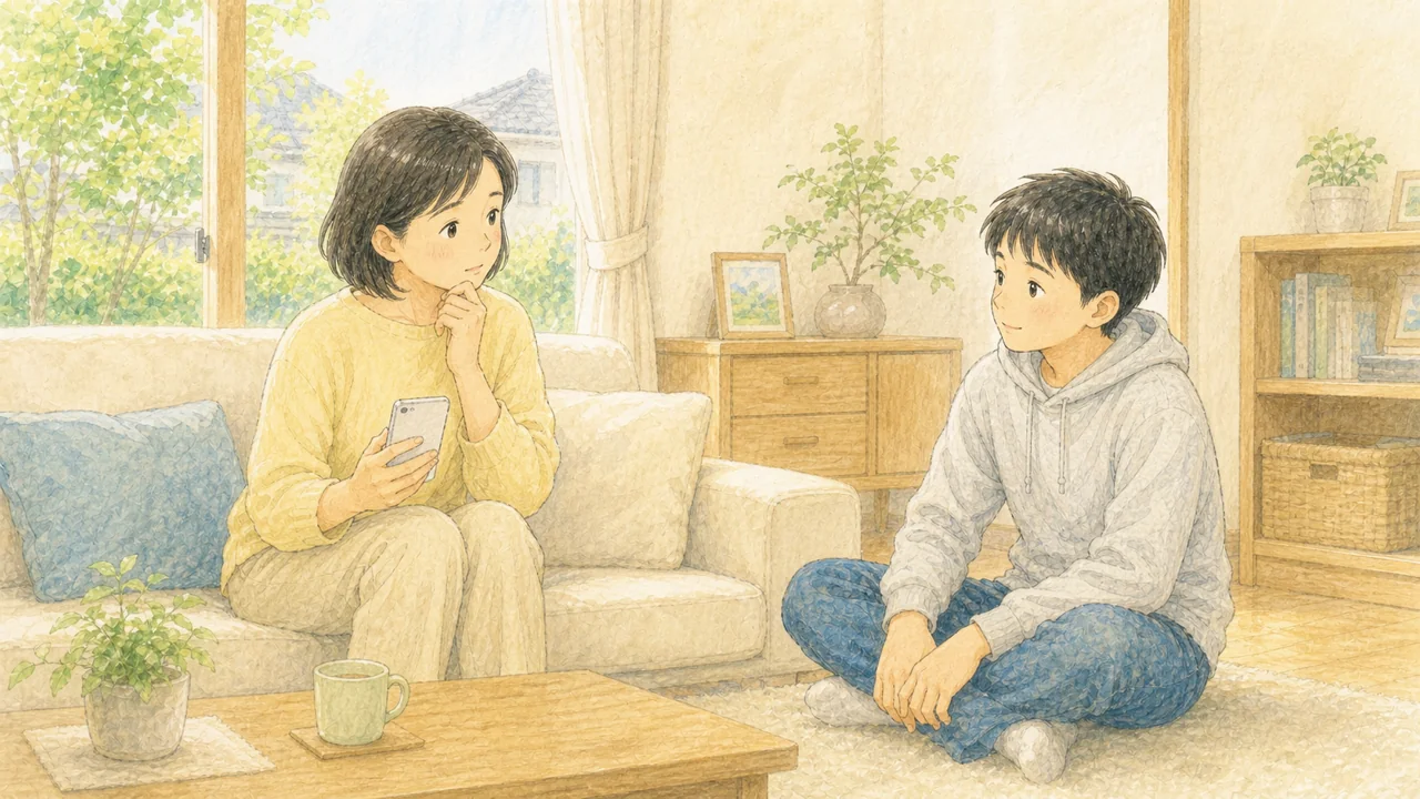 スマホで情報を見ながら、中学生の我が子を見て少し不安そうにする保護者の様子(イラスト)