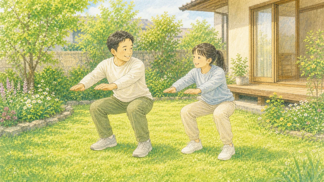 親子が家でスクワットなどの自重トレーニングに一緒に取り組む様子(イラスト)