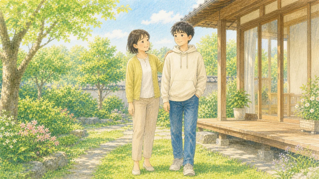 保護者が中学生の子どもに笑顔で寄り添い、穏やかに見守る様子(イラスト)