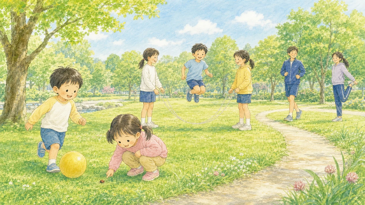 幼児・小学生・中学生がそれぞれの遊びを楽しむ公園の様子(イラスト)