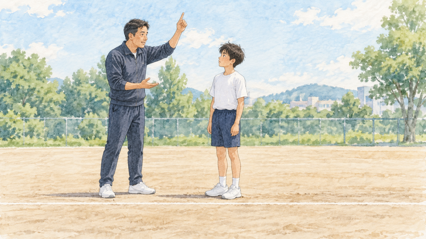 上方向への踏切の感覚を説明するコーチと中学生(イラスト)