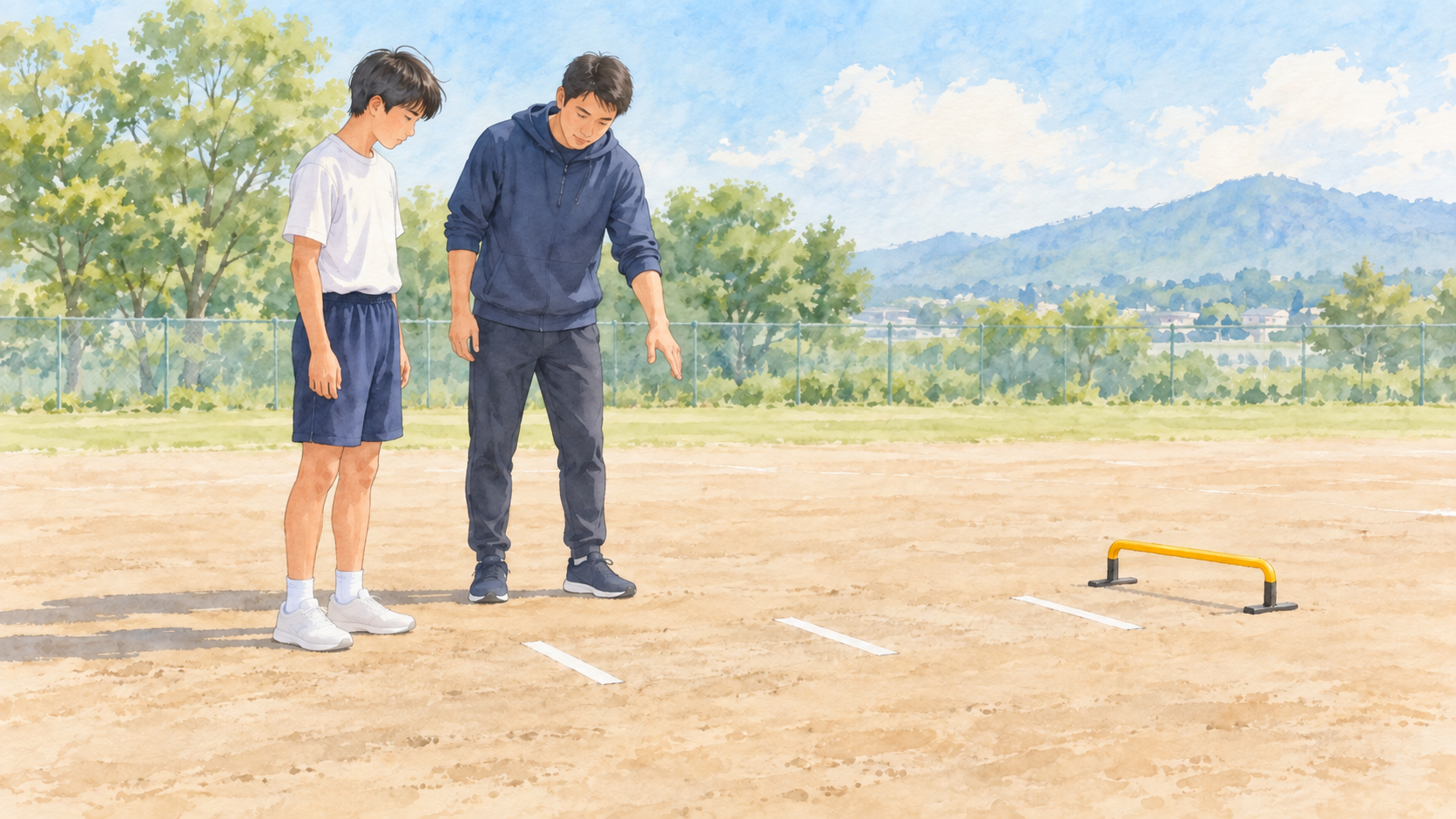 線や低いミニハードルを目印として確認する様子(イラスト)