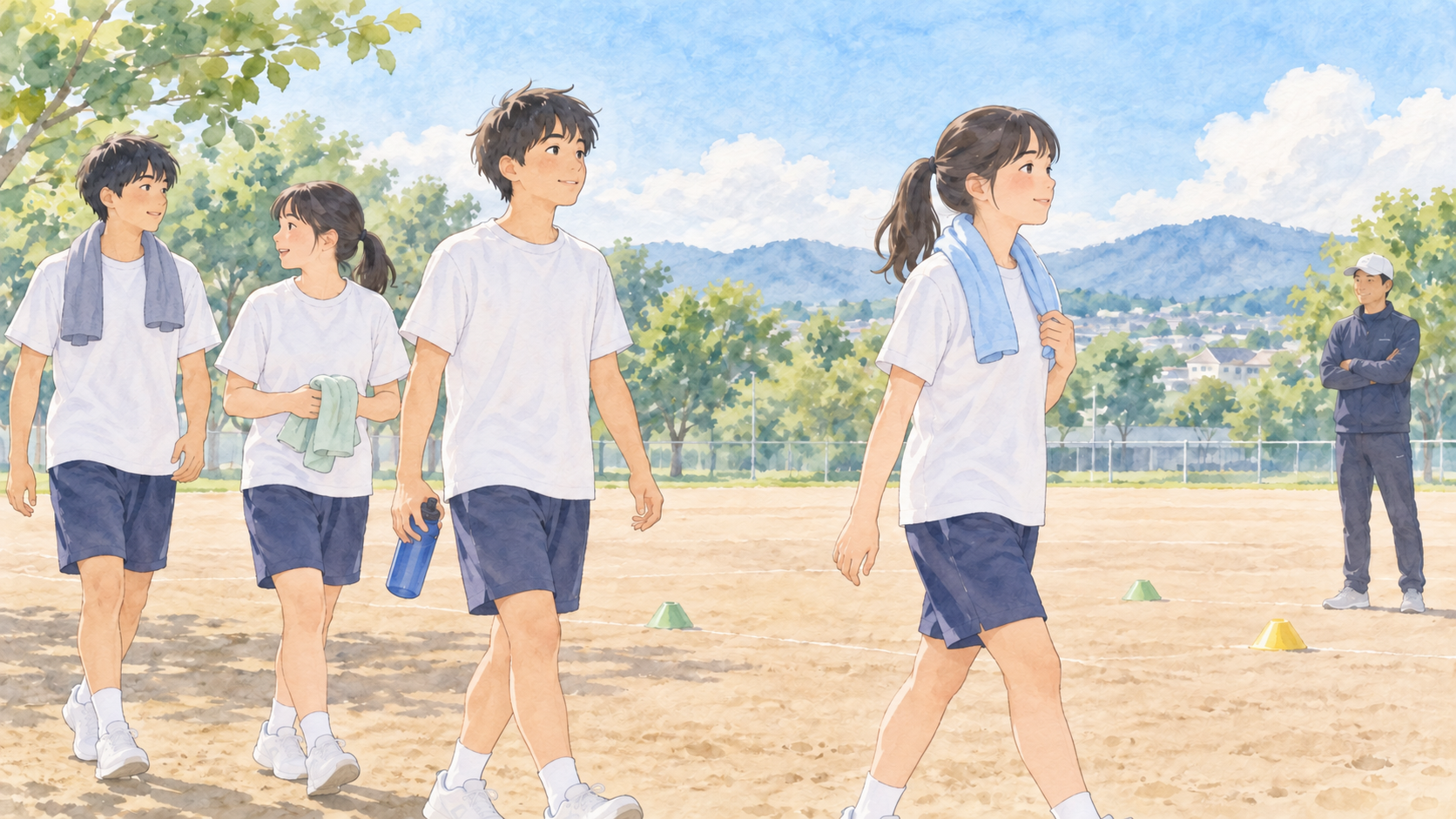 短い練習のあと歩いて戻る中学生(イラスト)