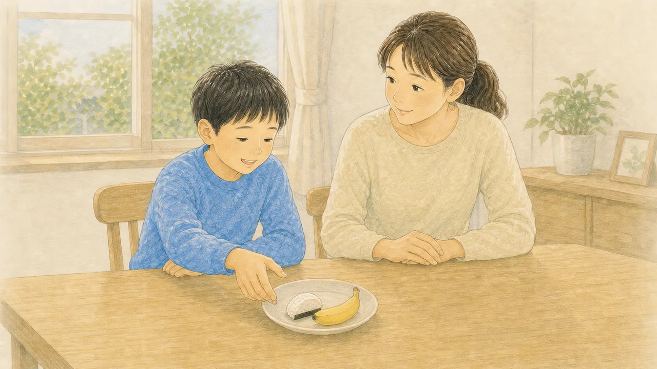 食卓に置かれたおにぎり半分とバナナに、子どもが手をのばし、母親がそばで見守っている様子（イラスト）