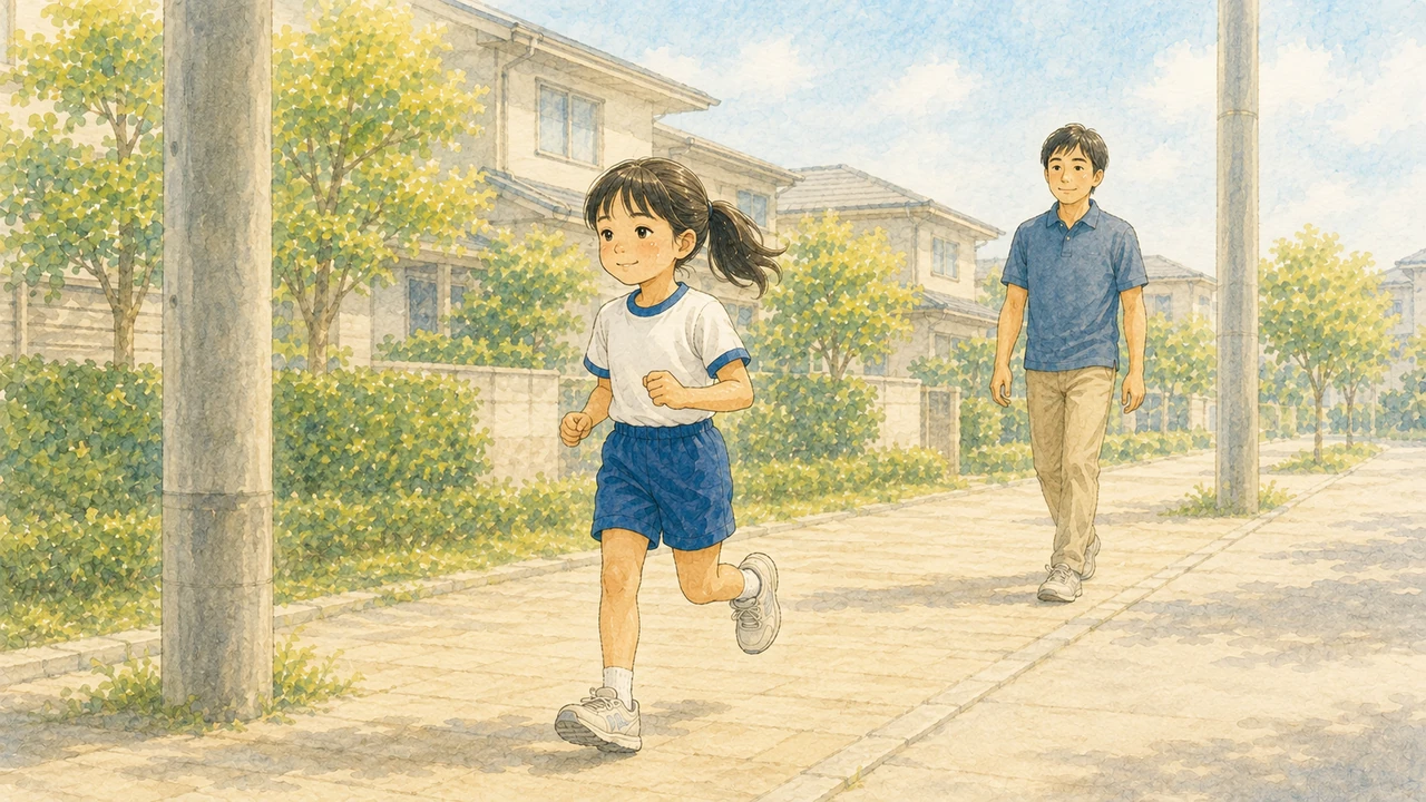 歩道で電柱の間を軽く走る小学生の女の子と、すぐ後ろを歩いて付き添う父親の様子（イラスト）