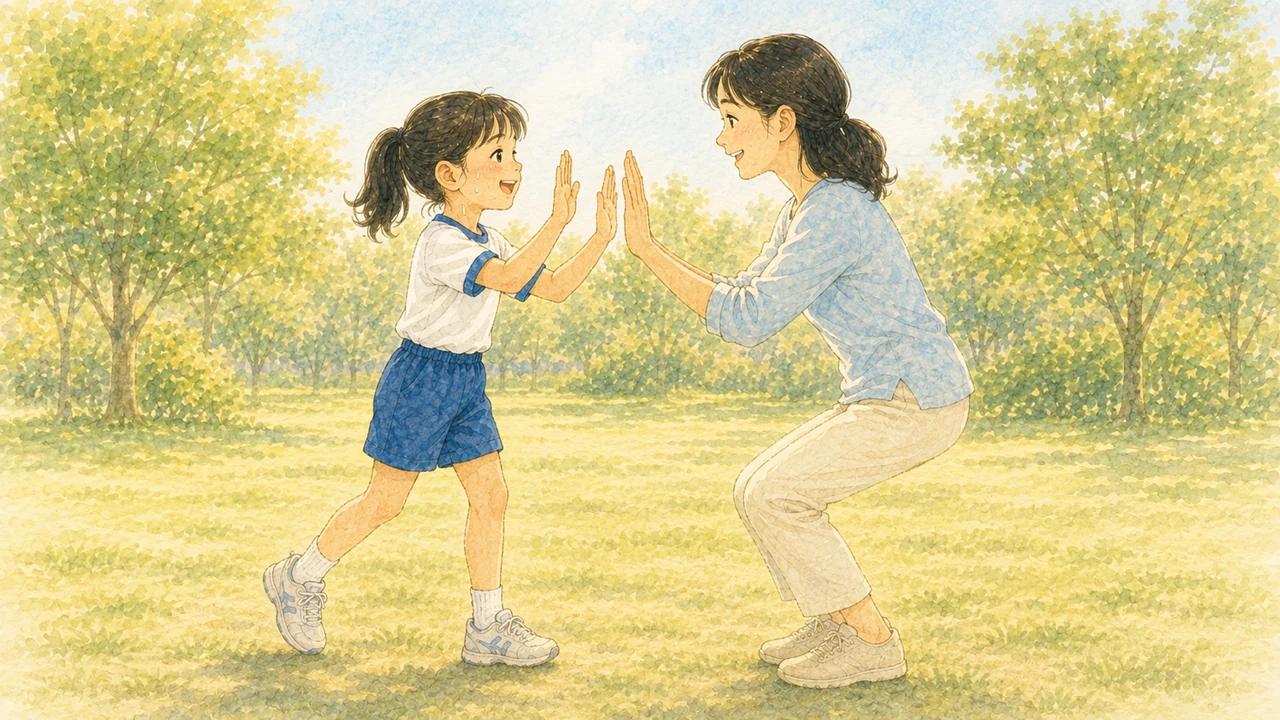 走り終えた小学生の女の子に、母親が笑顔で両手を差し出してハイタッチしようとしている様子（イラスト）