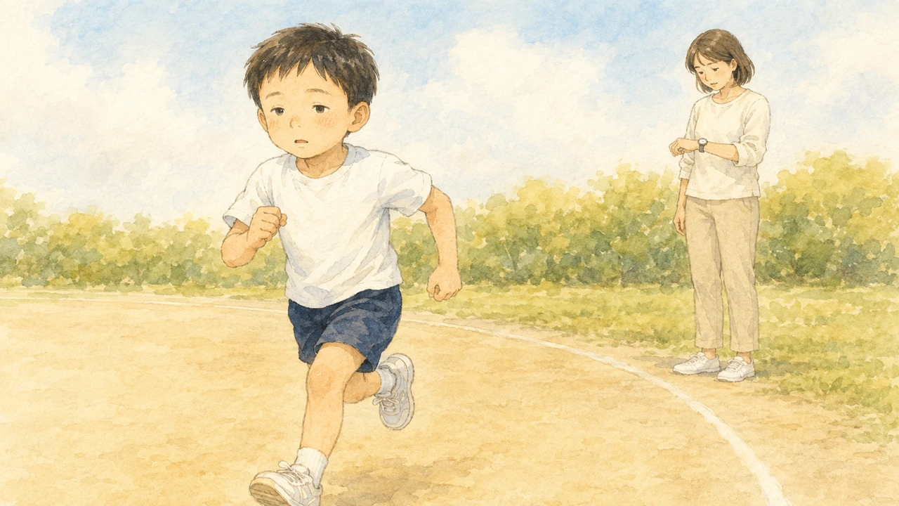 校庭のトラックを一人で黙々と走る小学生の男の子と、少し離れて腕時計を見ている母親の様子（イラスト）