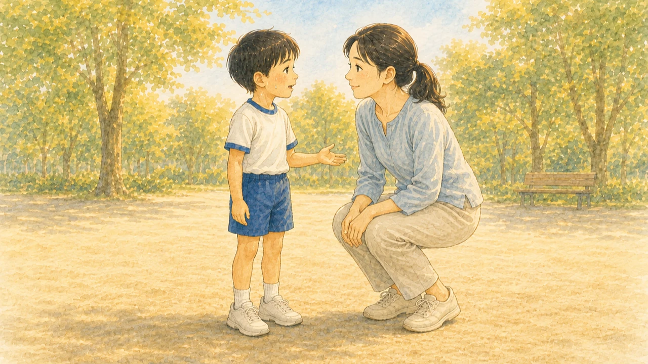 夕方の公園で、小学生の男の子が母親を見上げて「速くなりたい」と話しかけている様子（イラスト）