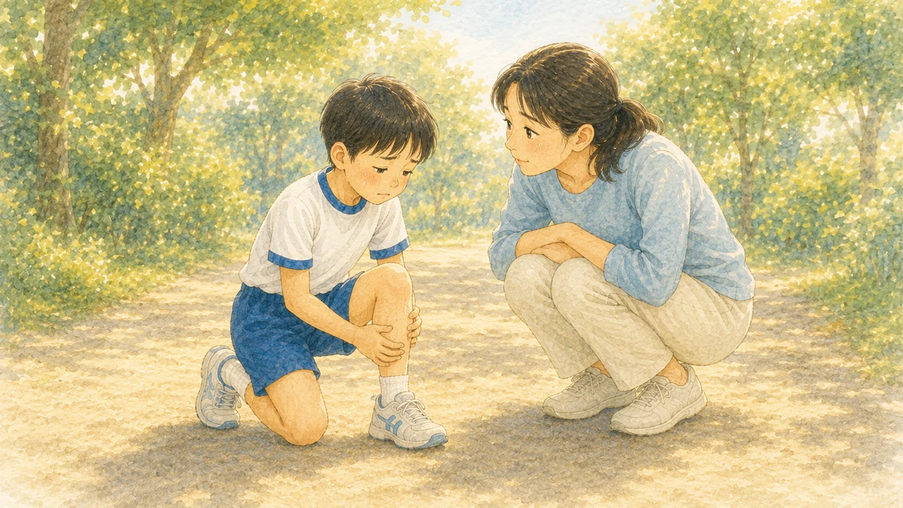 走り出す前に地面にしゃがんで片足のふくらはぎを押さえている小学生の男の子と、心配そうにかがみ込む母親の様子（イラスト）