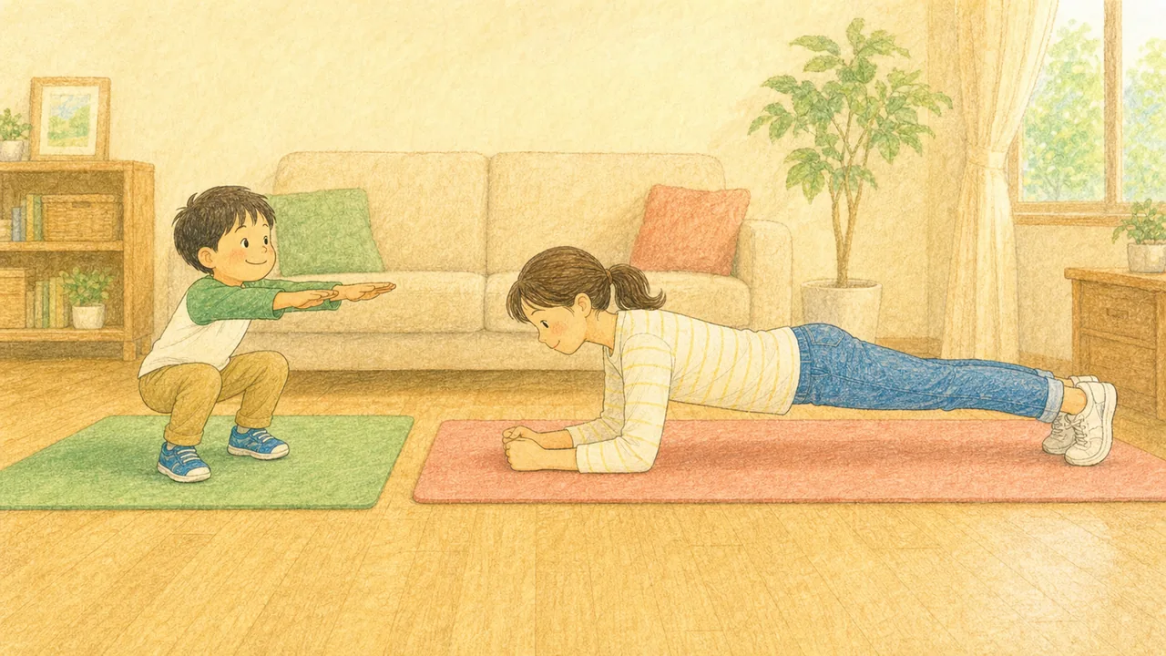 リビングでスクワットやプランクに取り組む親子の様子(イラスト)