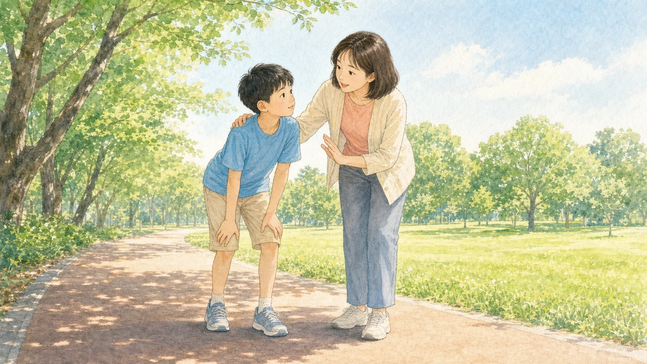 痛いのを我慢して走ろうとする子どもに、親が声をかけて一度立ち止まらせている様子(イラスト)