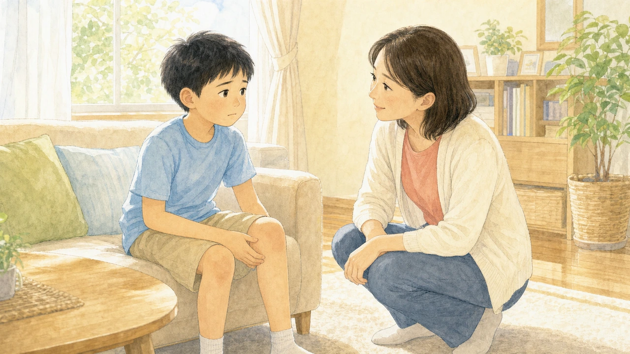 ひざの下を押さえて痛がる子どもに、親がしゃがんで寄り添っている様子(イラスト)