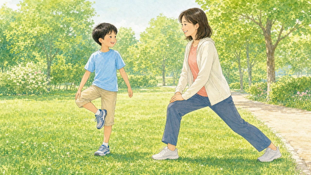 親子で並んで、練習前のストレッチと足首回しをしている様子(イラスト)