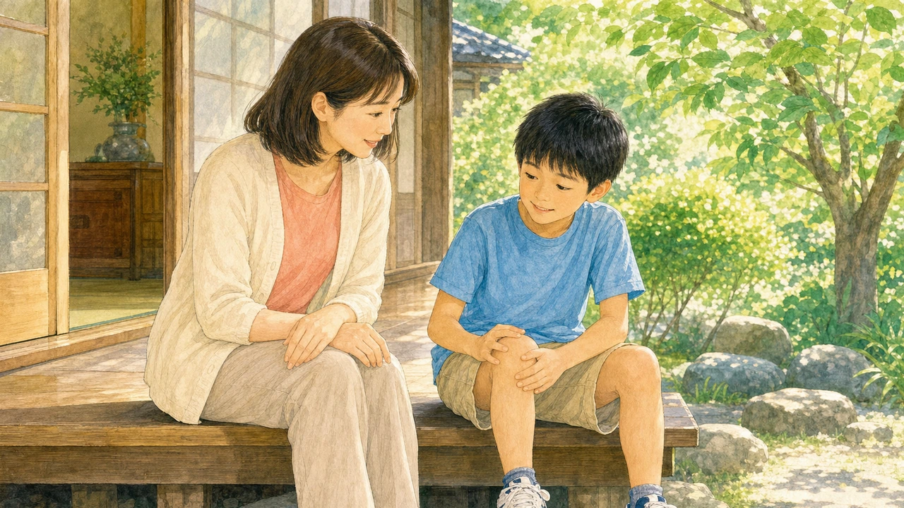 成長期の子どもの脚を、親子で一緒にのぞき込みながら話している様子(イラスト)