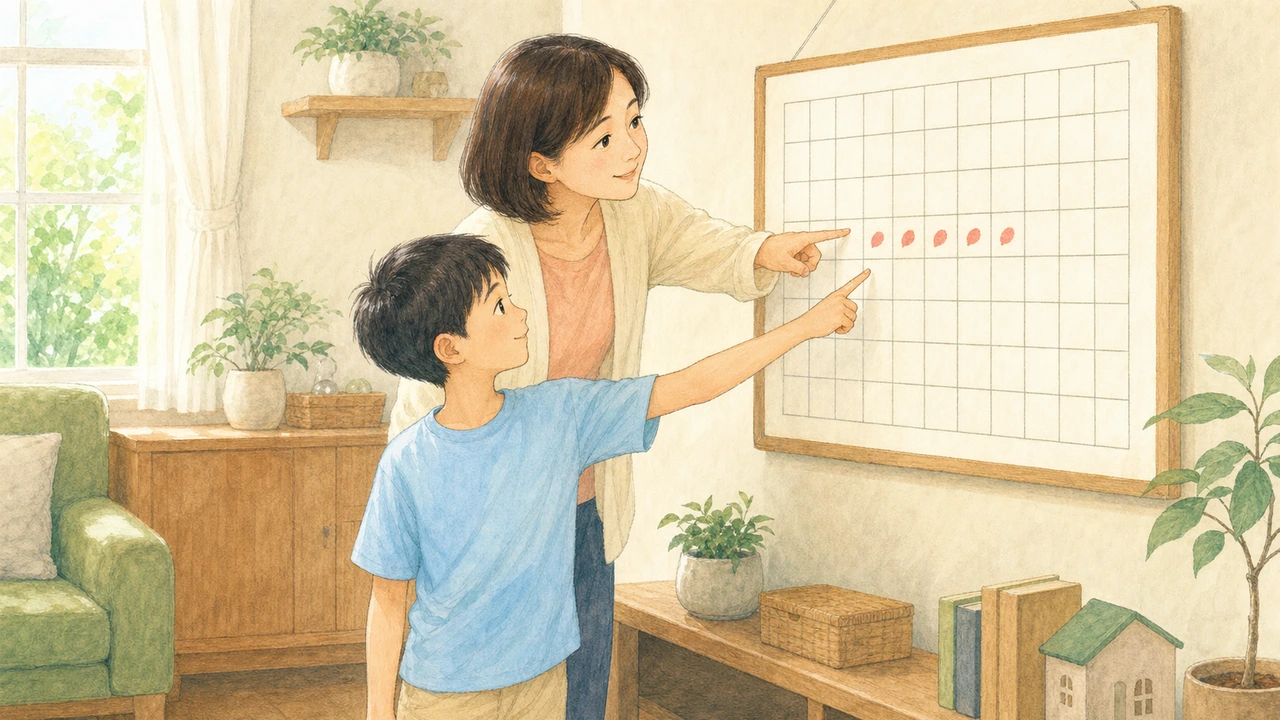 カレンダーを見ながら、痛みが続いている日数を親子で確認している様子(イラスト)