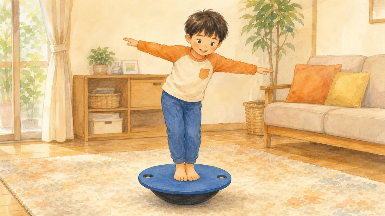 リビングのラグの上に置いたバランスボードに立ち、両手を広げてバランスを取る子の様子(イラスト)