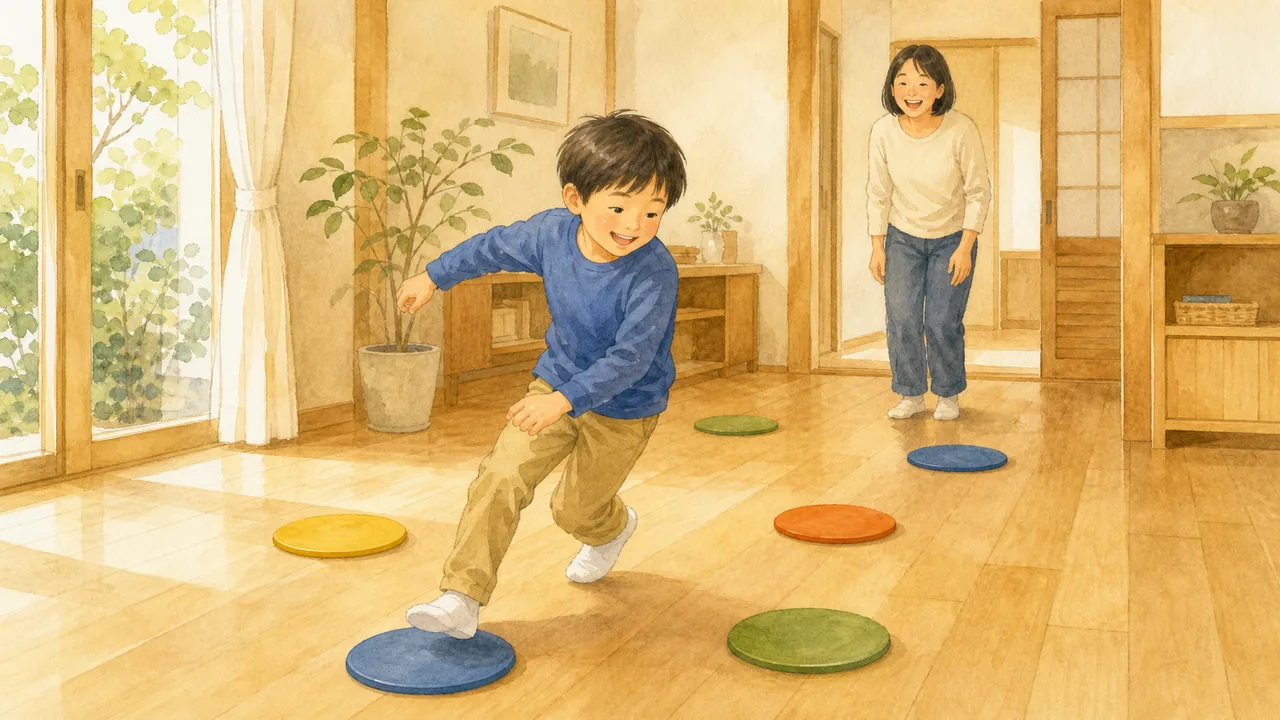 部屋に置いた平たい目印のあいだをジグザグに進む子と、笑って見ている保護者の様子(イラスト)